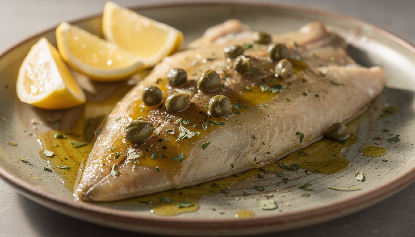 découvrez notre recette d'aile de raie à la portugaise, délicatement préparée avec des câpres et un zeste de citron pour un plat savoureux et frais.