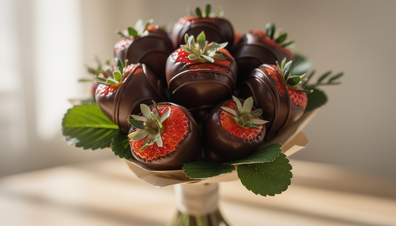 découvrez notre délicieux bouquet de fraises au chocolat, une gourmandise parfaite pour toutes les occasions, alliant fraîcheur et douceur chocolatée.