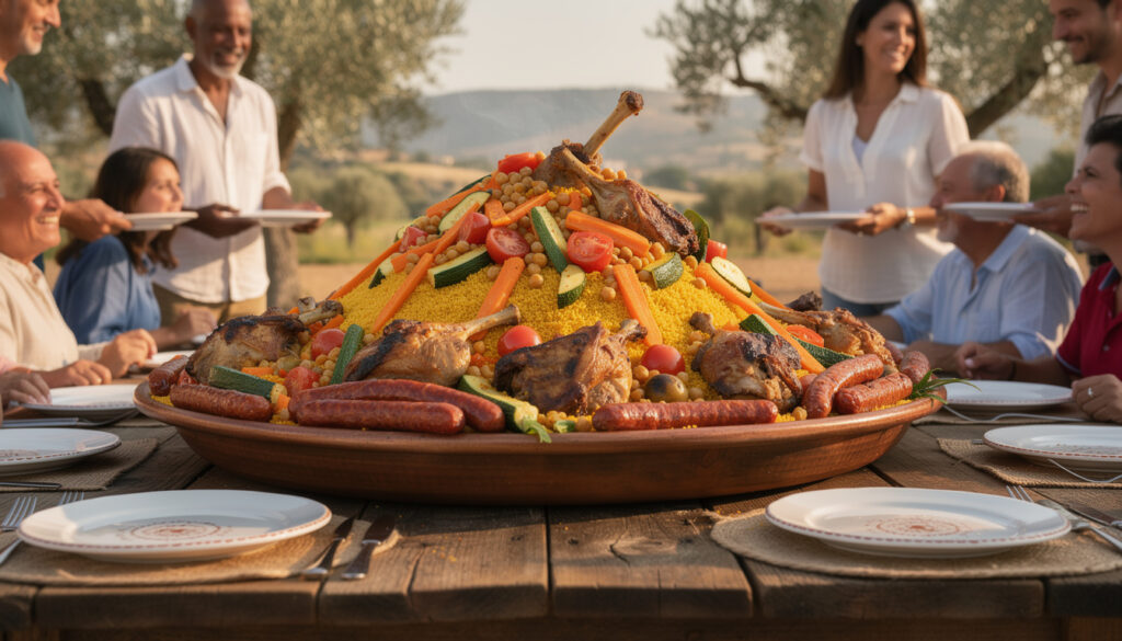 découvrez notre couscous géant traditionnel, parfait pour régaler une grande tablée lors de vos repas conviviaux et festifs.
