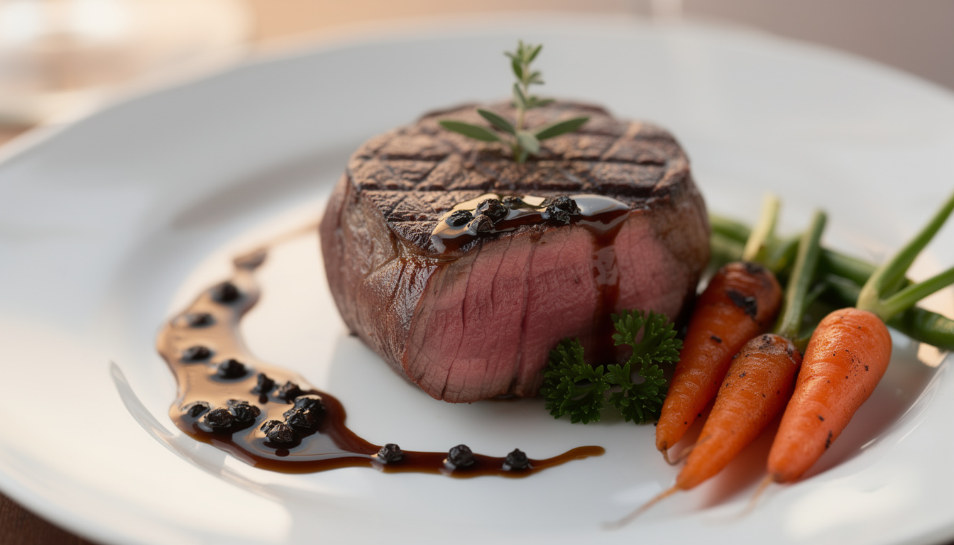 découvrez notre recette de filet de bœuf façon tournedos, accompagné d'une sauce courte au poivre délicatement relevée, pour un plat savoureux et élégant.