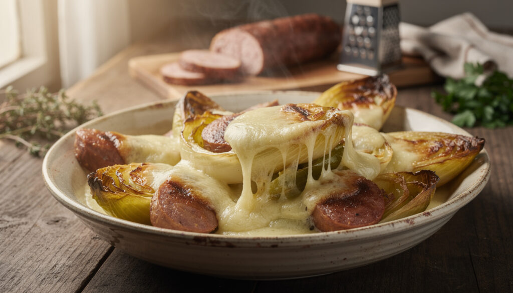 découvrez une recette savoureuse de fondue d’endives aux saucisses fumées, alliant douceur des endives et goût intense des saucisses pour un plat réconfortant et gourmand.