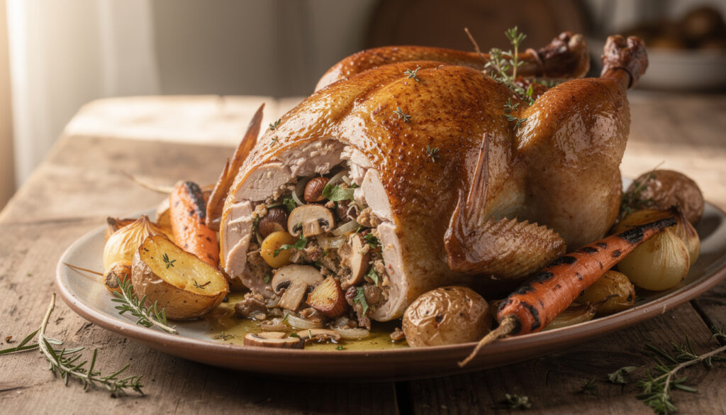 découvrez notre recette savoureuse de pintade farcie aux saveurs forestières, délicatement rôtie au four pour un plat gourmand et réconfortant.