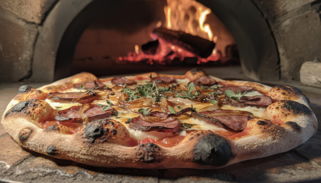 découvrez notre délicieuse pizza au figatellu cuite au four à bois, alliant saveurs corses authentiques et croustillant parfait pour un moment gourmand inoubliable.