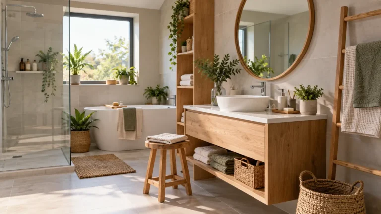 Salle de bain scandinave avec plantes et bois
