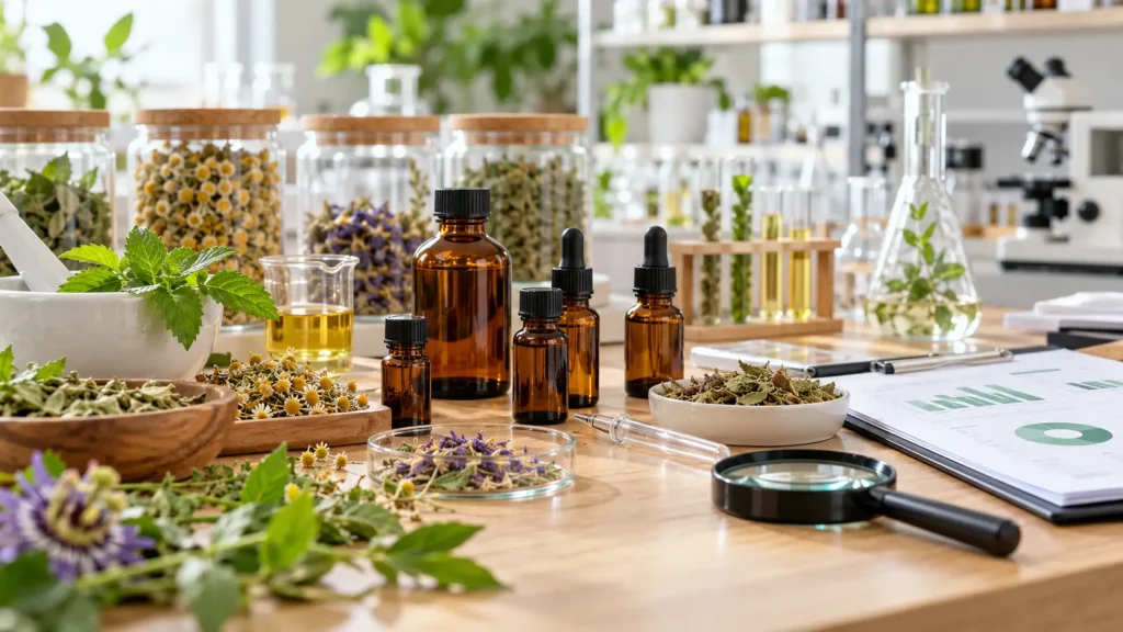 Laboratoire botanique aux herbes et flacons